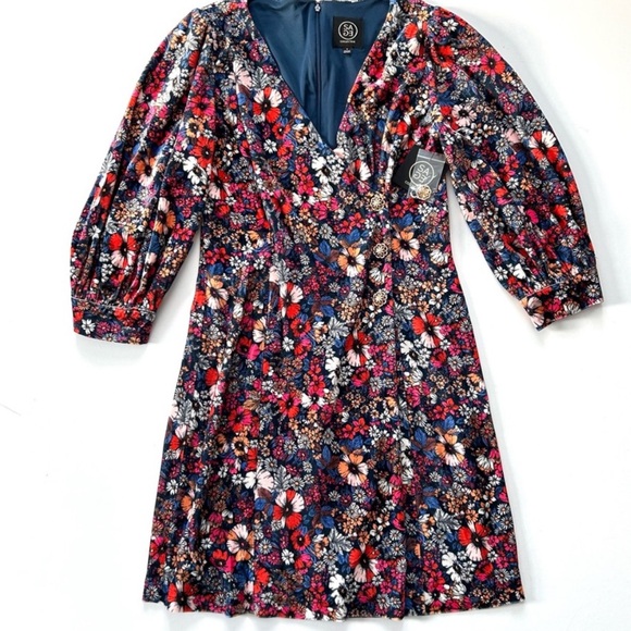 Sage Multicolored Velvet Floral Short Puffy Sleeve 3 Front Buttons Shift Dress S - Picture 3 of 16